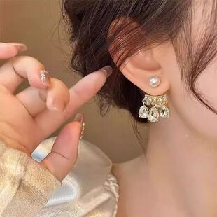 双面珍珠锆石耳环2024新款爆款高级感气质耳钉女轻奢小众独特耳饰
