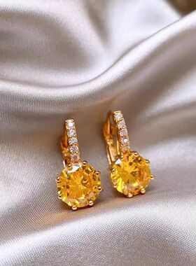 黄色几何锆石耳钉女设计感小众独特耳环气质通勤耳饰新款2025爆款