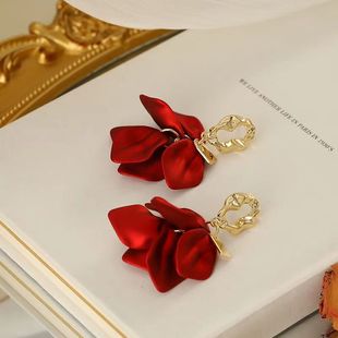 红色花朵夸张耳环ins2023年新款潮耳饰小众设计感上档次爆款气质