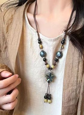 新中式复古陶瓷花朵串珠项链