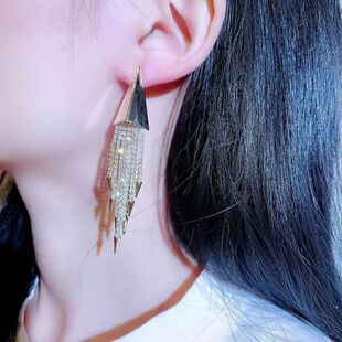 欧美时尚夸张长款流苏晚会气质耳环三角形耳钉银针防过敏个性耳饰