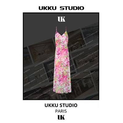 125【UKKU STUDIO】粉红回忆温柔风油画碎花裙粉吊带长裙