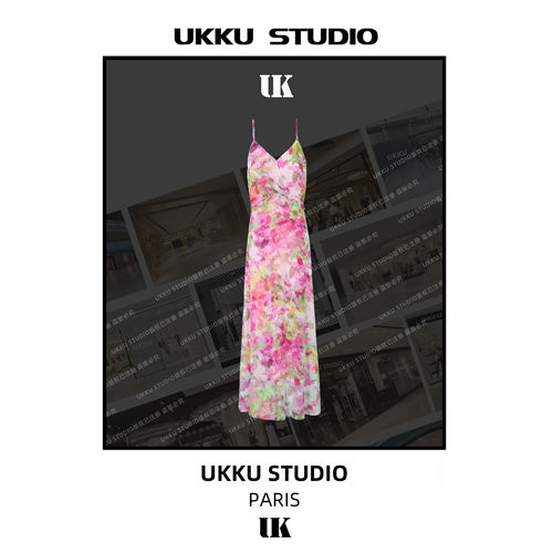 125【UKKU STUDIO】粉红回忆温柔风油画碎花裙粉吊带长裙