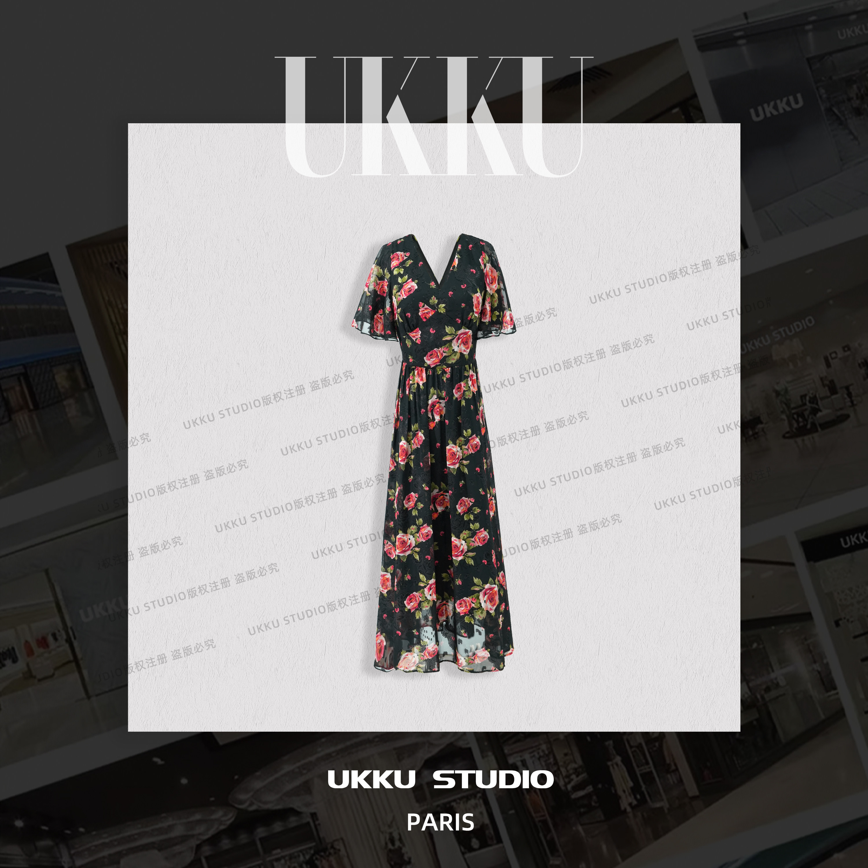 113【UKKU STUDIO】高黑底红花碎花裙 V领显瘦度假风连衣裙914451