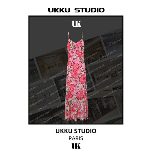 69【UKKU STUDIO】设计师粉色水墨画收腰度假风吊带连衣裙913868