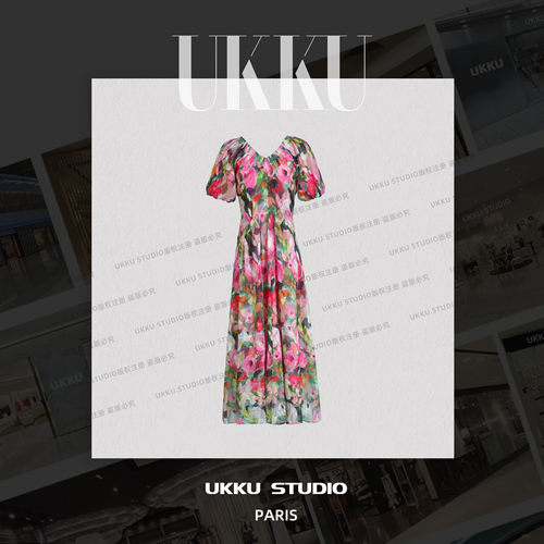67【UKKU STUDIO】法式碎花连衣裙女V领泡泡袖收腰显瘦长裙314170