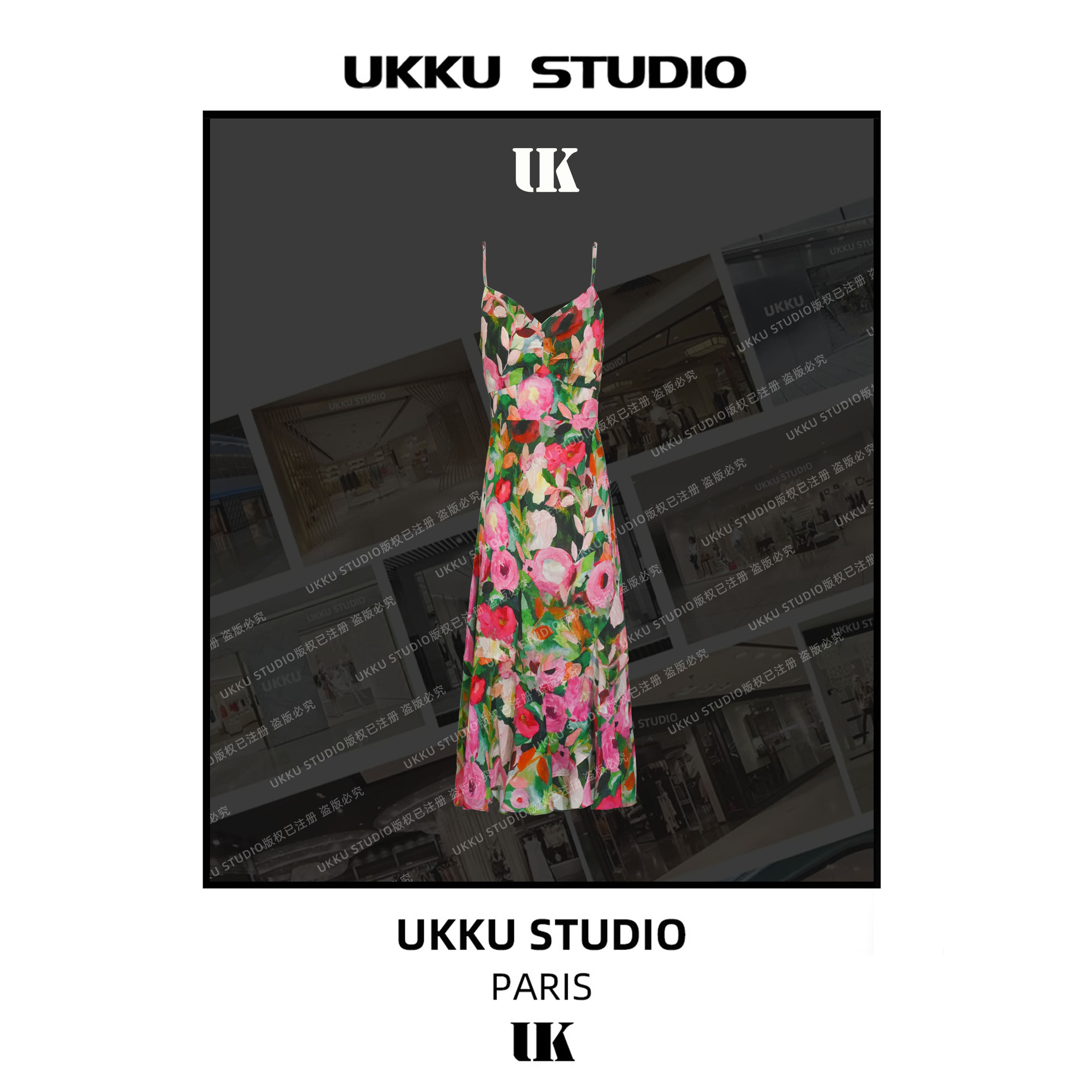 【UKKU STUDIO】章蜜糖法式复古玫瑰庄园碎花吊带连衣裙裙213878