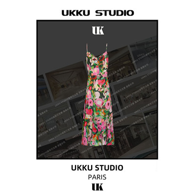 法式复古玫瑰庄园碎花吊带连衣裙