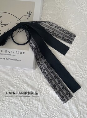原创法式复古风蝴蝶结发饰黑色蕾丝飘带少女心超仙发饰头绳新款