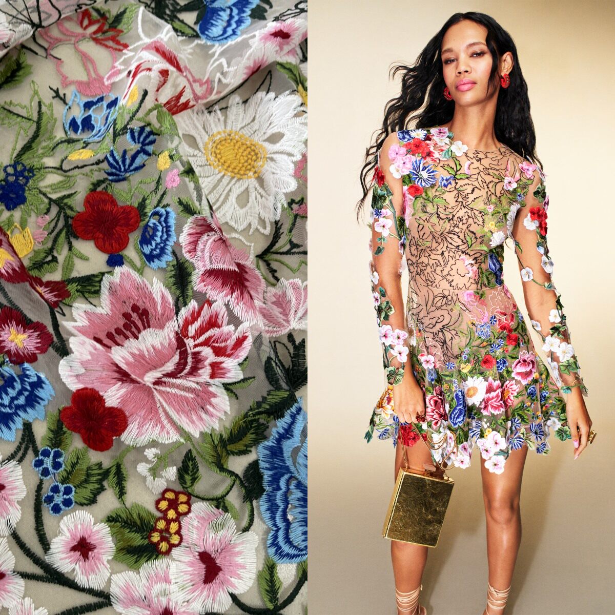 礼服刺绣面料重工蕾丝花朵渐变网纱杏色欧美大牌服装布料尾料定制