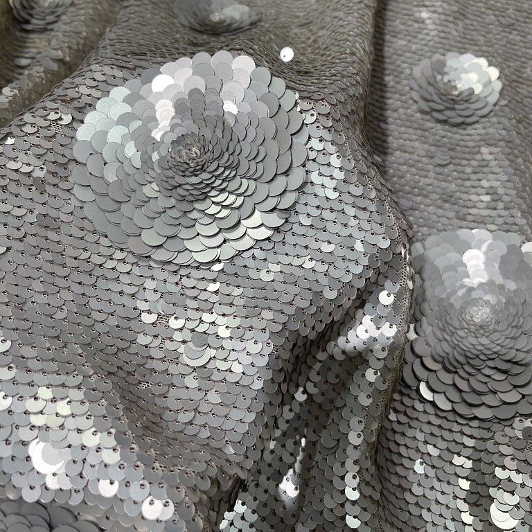 香槟卡其色立体花朵弹力网布晚装礼服肤色气质面料金片厂家直销