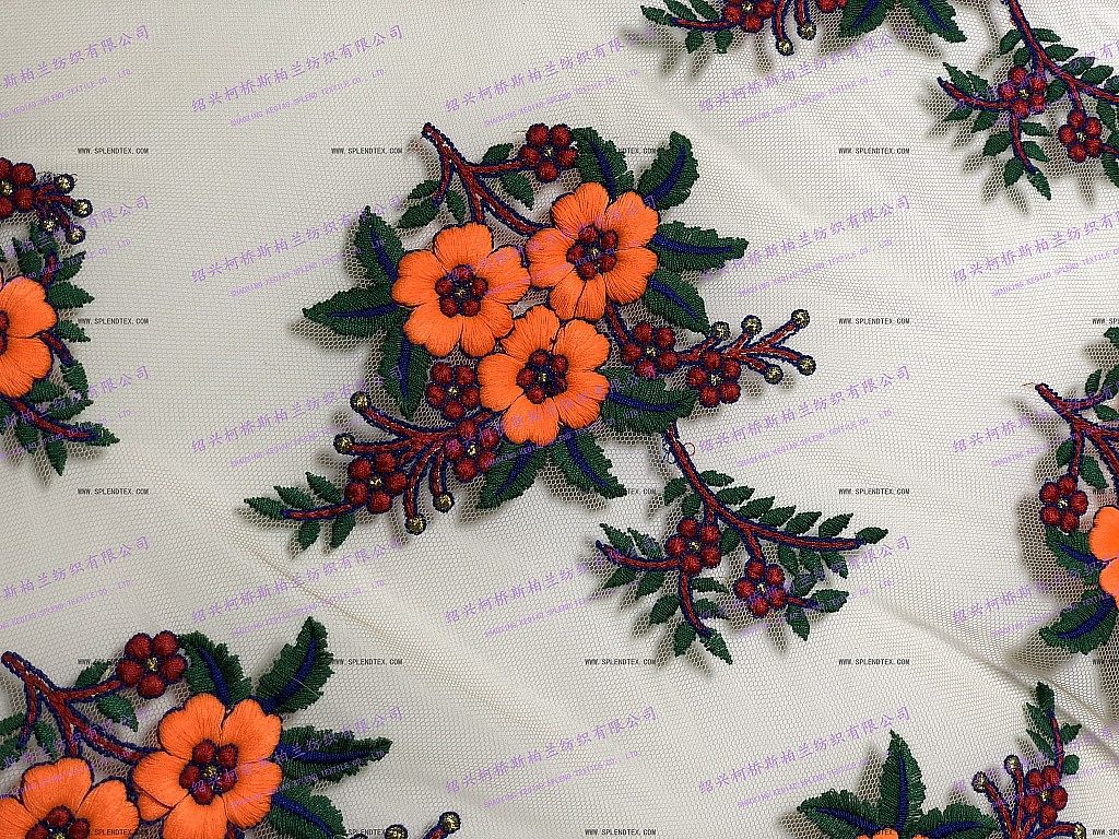 设计师面料 珊瑚橙 梅花 刺绣 绣花 面料 网纱 薄纱 成衣定制布料