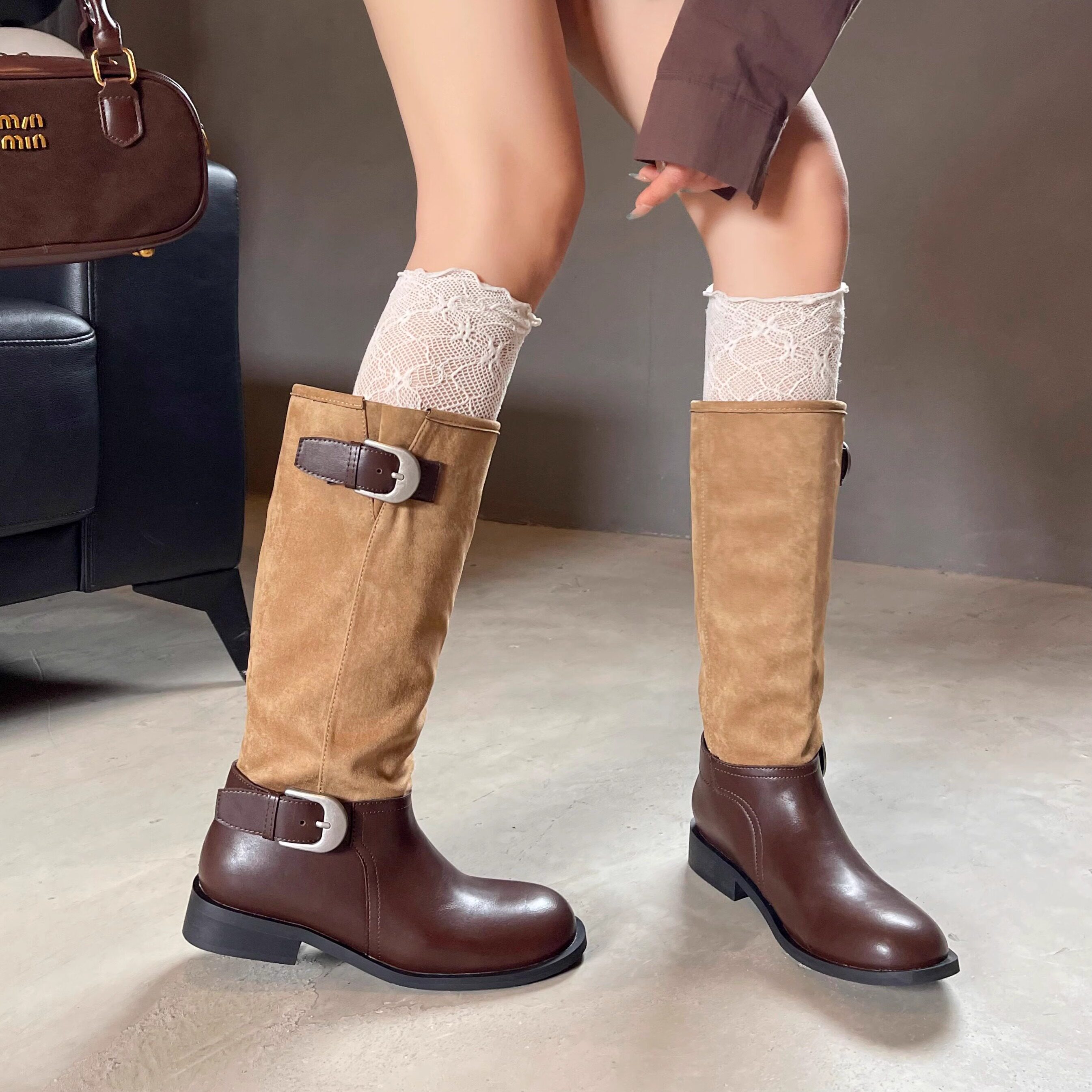 金属扣圆头高筒骑士靴复古中筒靴