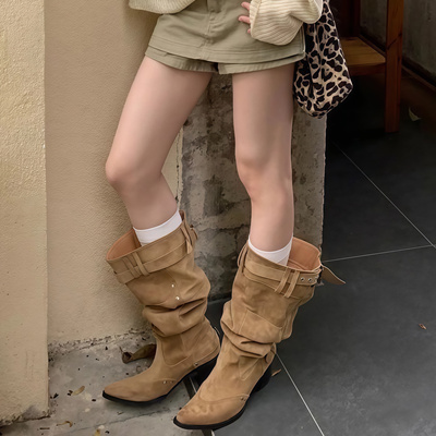 大筒围长筒靴女不过膝褶皱堆堆靴