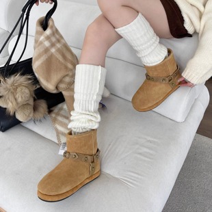 复古皮带扣雪地靴冬季 防滑短筒大头马丁靴女 平底加绒加厚保暖棉鞋