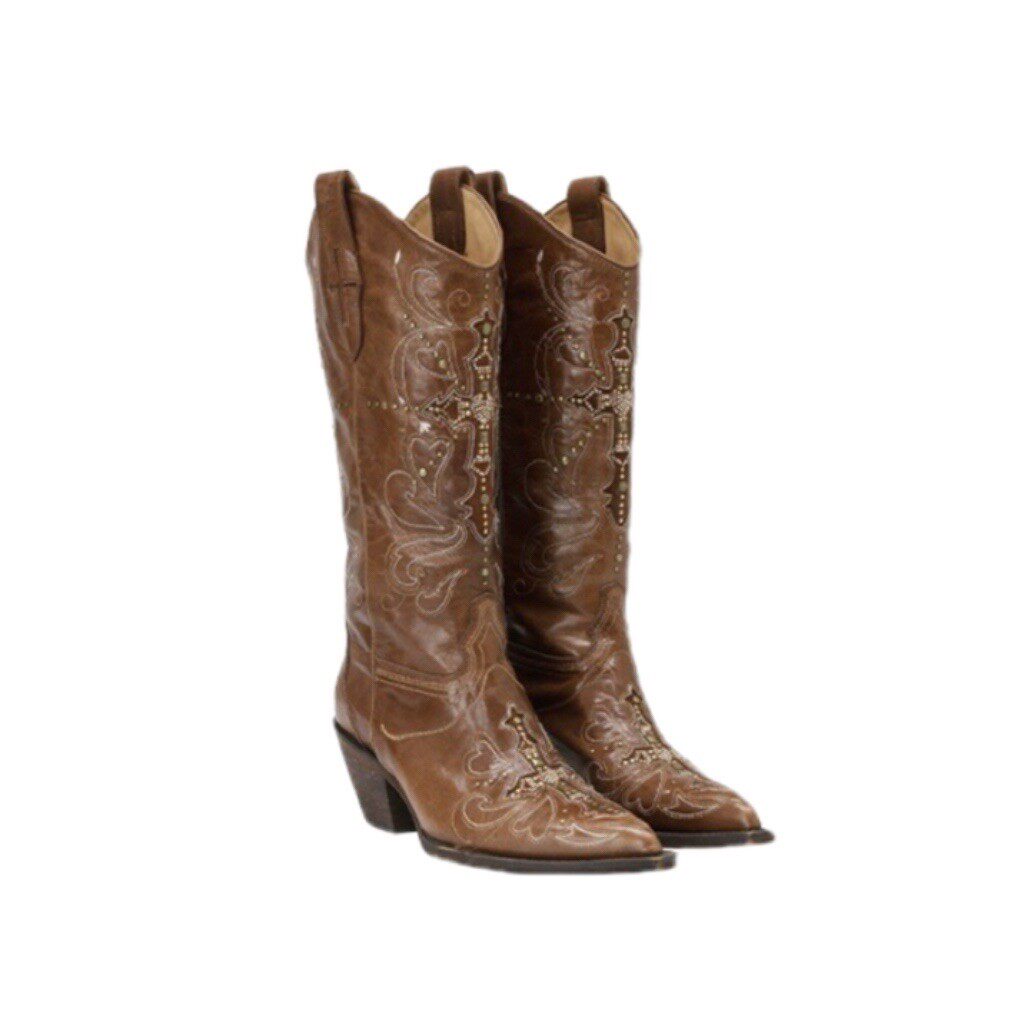 thumbnail for Yang Chaoyue's pointed toe embroidered Western cowboy boots 2026 autumn/winter new slimming riveted spicy girl tall boots for women