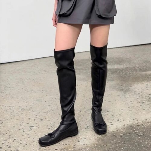 jennie同款方头过膝蝴蝶结芭蕾靴