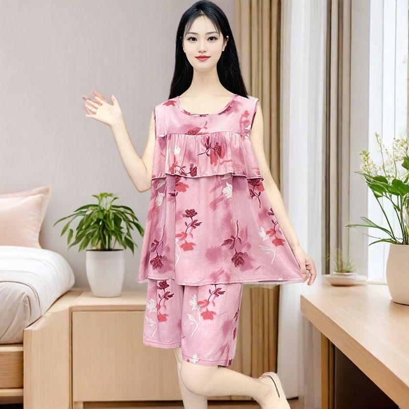 防凸点新款无袖棉绸睡衣女夏季人造棉可外穿薄款家居服套装Y115