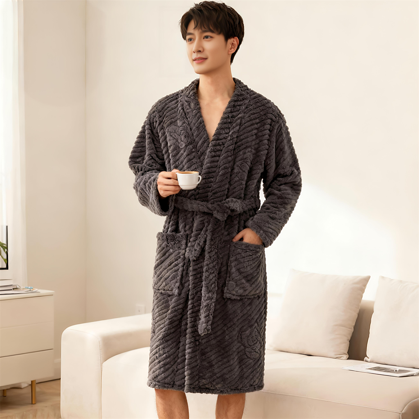 2025新款男士睡袍秋冬季加厚法兰绒浴袍珊瑚绒大码家居服保暖长袍