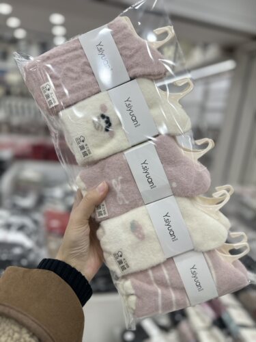 【十双装】雨思源冬季保暖高筒甜美加厚条纹点点奥绒毛毛暖暖袜