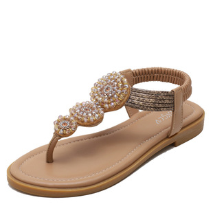 欧美夏季 女鞋 大码 水钻凉鞋 波西米亚罗马平底仙女风海边度假沙滩鞋