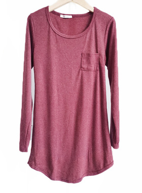 特 za原单春秋新款女长袖打底衫女士纯色中长款圆领修身t恤 D27