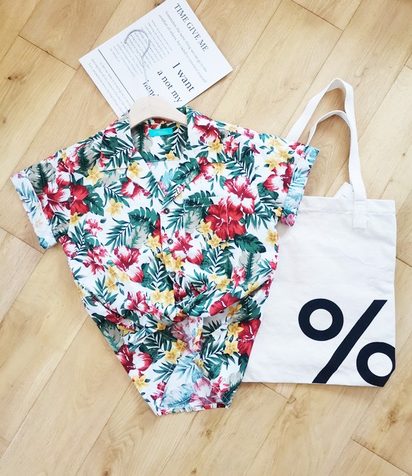 热带风情风印花亚麻短裤复古衬衫