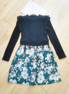 特惠出仓 日本原单黑色长袖碎花圆领连衣裙春秋冬新款a字裙T108