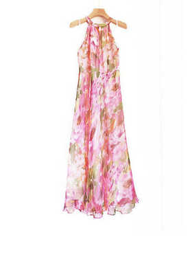 欧美原单真丝印花桑蚕丝挂脖露肩连衣裙长裙高腰优雅夏季新款度假