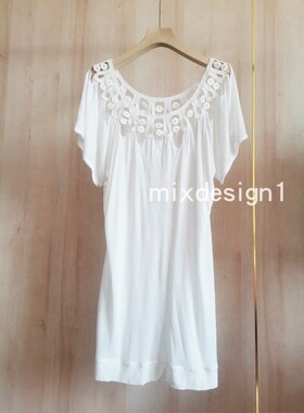 欧美浪漫复古风格白色镂空勾花宽松圆领T恤裙短袖春夏新款白色女