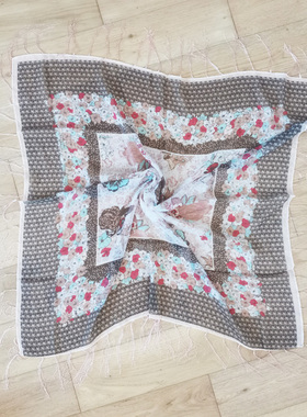 秋冬新款出口原单ZA复古印花花卉植物田园流苏方巾丝巾棉围巾披肩