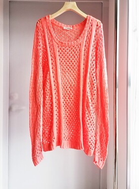 出口潮牌原单复古宽松松垮慵懒镂空薄款纯色棉质长袖t恤上衣 T27