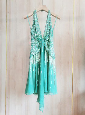 欧美高端精品真丝桑蚕丝小礼服挂脖露背连衣裙亮片bling闪闪原单