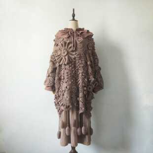 包邮 森语森女系手工编织纯羊绒立体花朵流苏宽松长款 毛衣重工制作