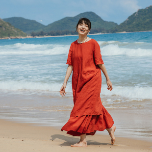 海边度假连衣裙旅游穿搭 40支亚麻宽松休闲短袖 316朵 绽放旅行女装