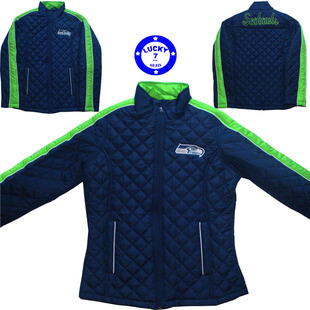 正品NFL西雅图海鹰秋冬女士菱格棉服外套短款修身夹克M码