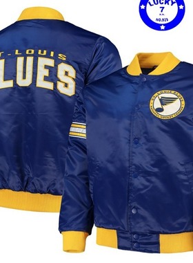 私藏正品NHL圣路易斯蓝调酷帅蓝黄色缎面夹克秋冬夹棉bf棒球服L码