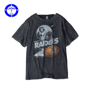 夏季薄款正品NFL突袭者Raiders雪花黑男女水洗做旧印花短袖T恤S码