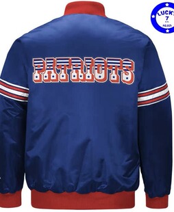 私藏正品NFL新英格兰爱国者复古电光蓝缎面夹克男秋冬棒球服XL码