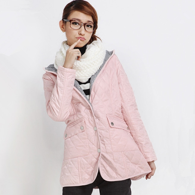连帽中长款修身棉服学生薄款暗扣棉袄品牌棉衣清仓冬季女装粉红色