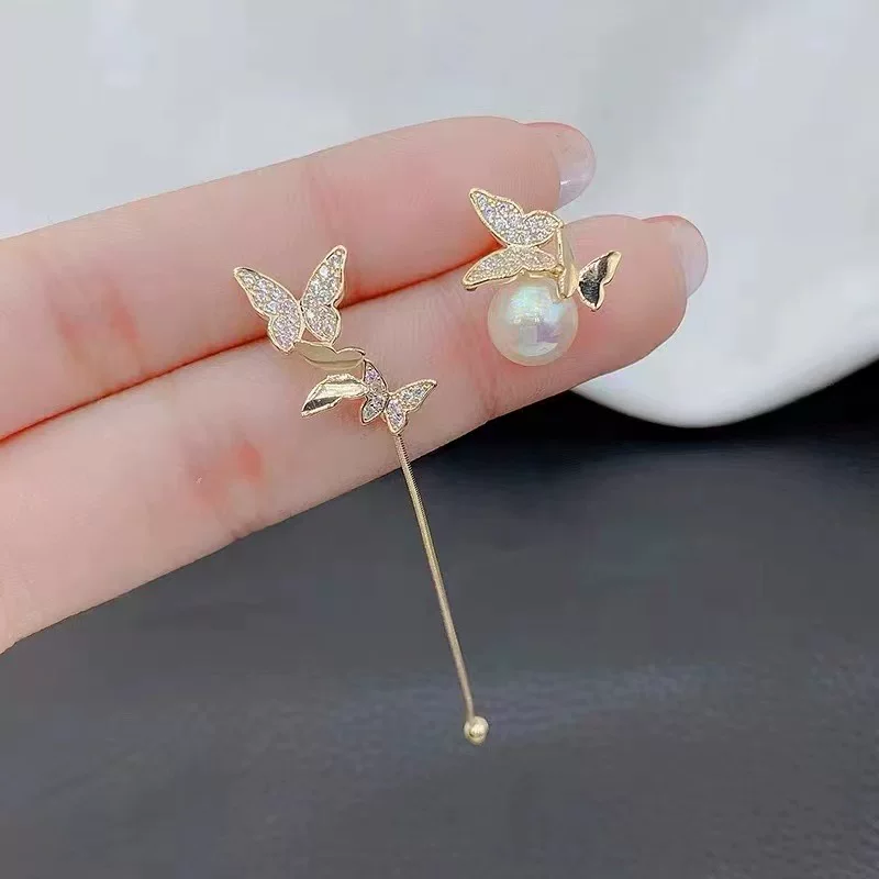 DIY珍珠配件 S925纯银AB款蝴蝶耳环空托半成品耳钉金色银色耳饰女图片