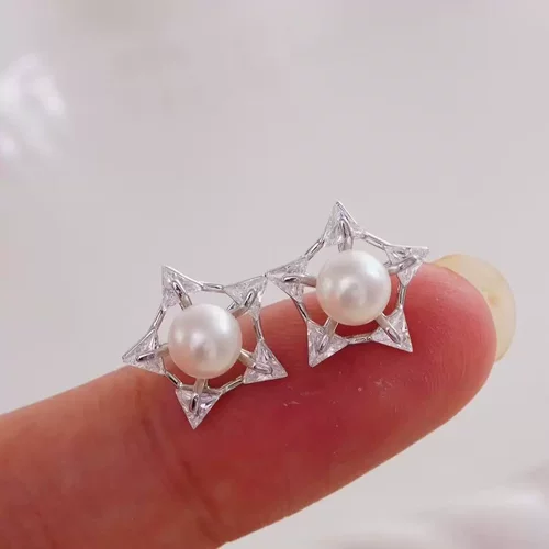 DIY珍珠配件 精工S925纯银五角星款耳环轻奢重工耳饰托半成品耳钉