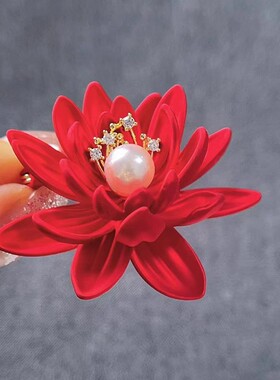 DIY配件 新中式国风红色莲花胸针女新年吉祥红火别针珍珠胸花空托