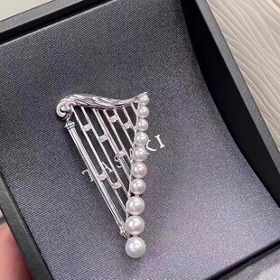 DIY珍珠配件古典国风竖琴款胸针半成品胸饰空托多珠胸花别针3-6MM