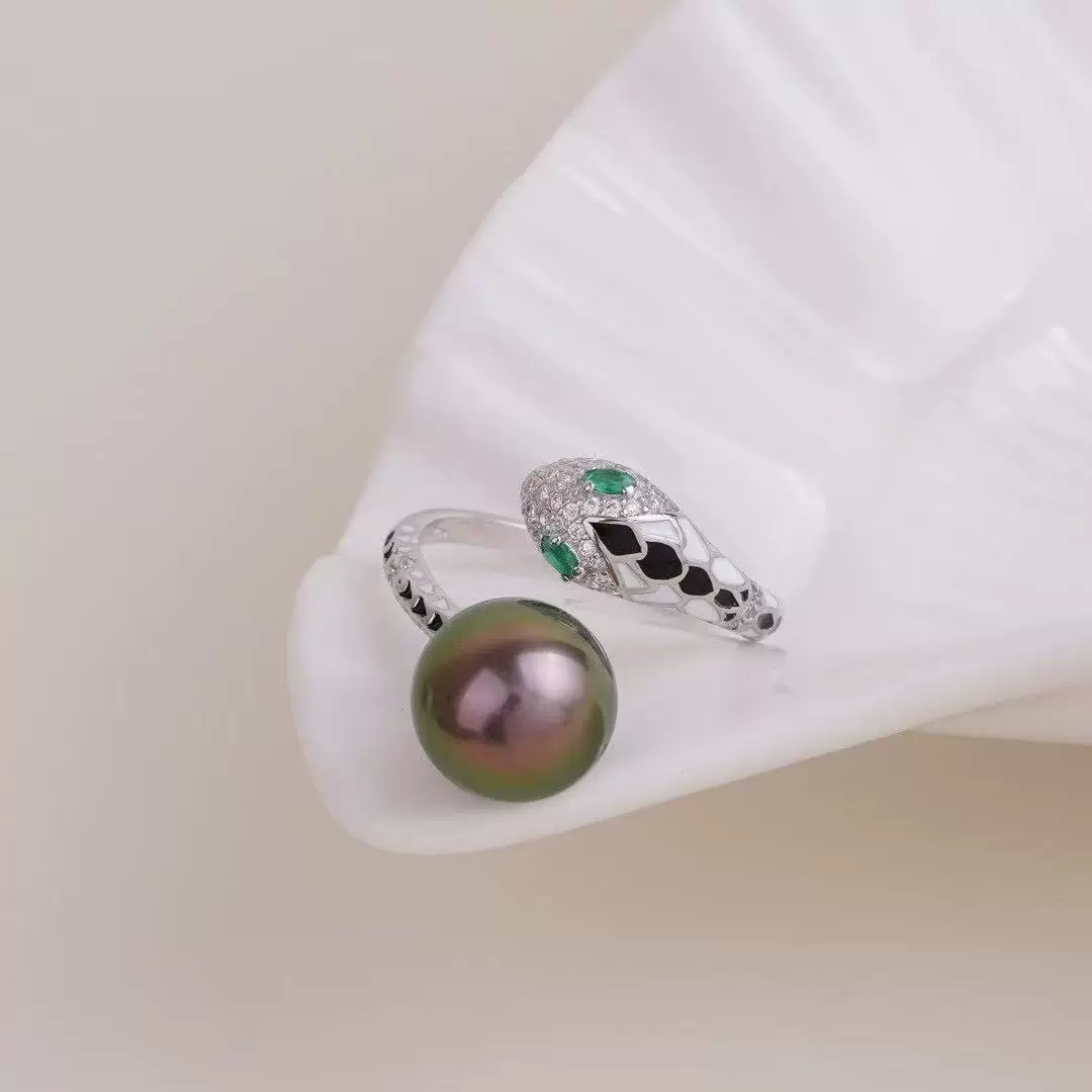 DIY珍珠配件 S925纯银重工生肖蛇戒指托金银色指环10-12MM手饰女