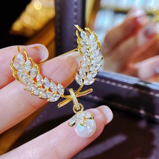 DIY配件 麦穗天使翅膀羽翼胸针铜微镶锆石厚镀金别针珍珠胸花空托