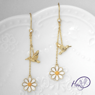 厚耳垂的世界S925银针小众设计感蜂鸟小雏菊长耳坠耳钉耳环耳饰