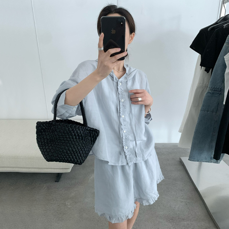 THXGIVING 休闲甜美荷叶花边轻薄连帽衬衫短裤两件套女2025夏日款