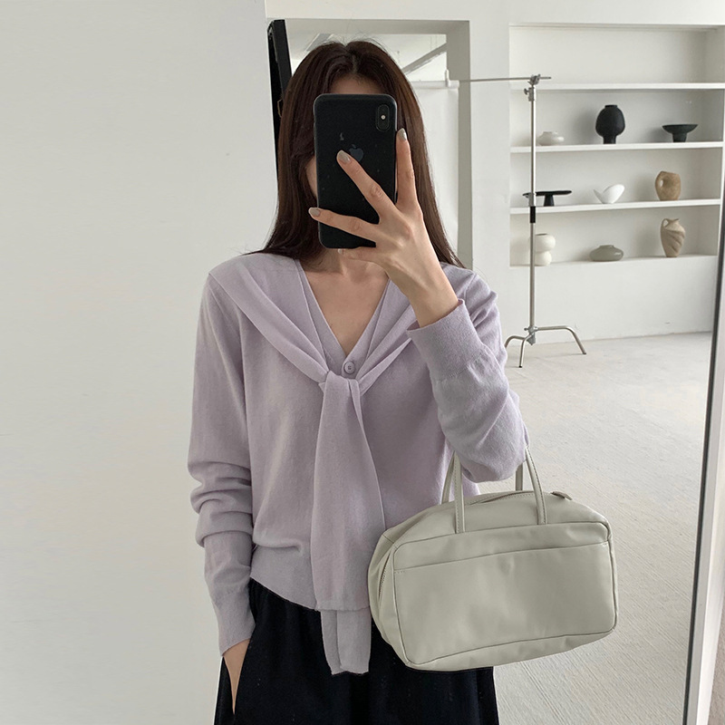 THXGIVING 简韩系带羊毛针织V领长袖开衫假两件女2025春季新款