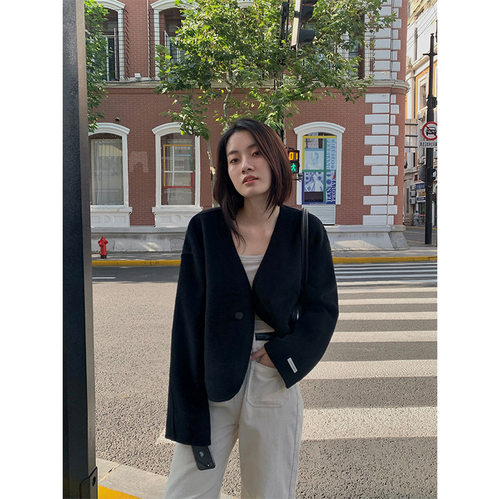 TG 韩版小个子洋气V领廓形显瘦双面呢短外套女2025冬季新款21561